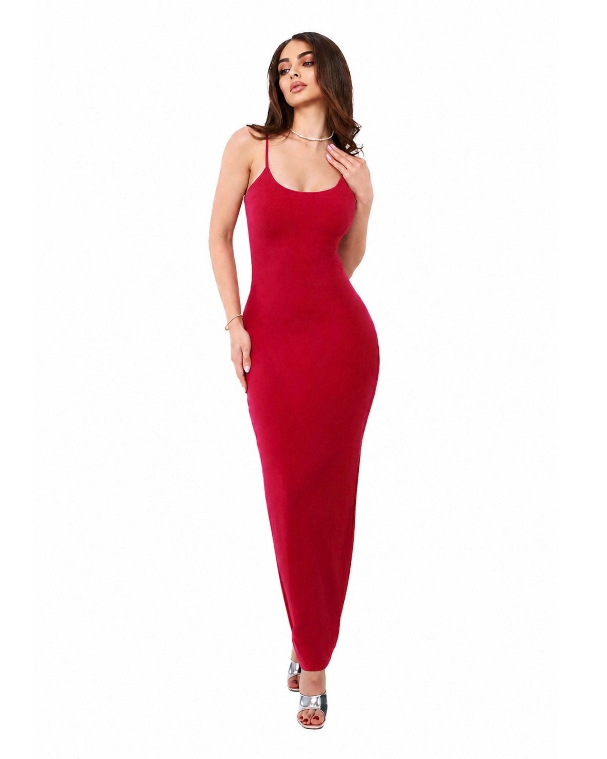 Model wearing an Essential Maxi Dress in red, showcasing effortless elegance and a flattering silhouette.